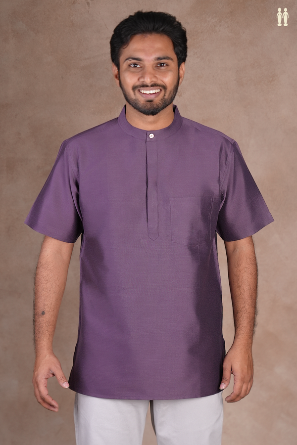 Chinese Collar Plain Purple Raw Silk Short Kurta