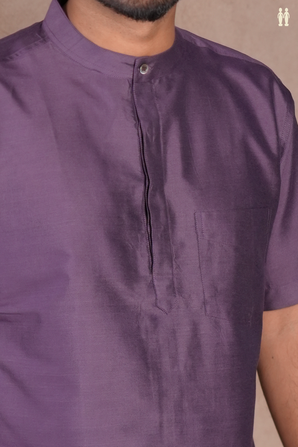Chinese Collar Plain Purple Raw Silk Short Kurta