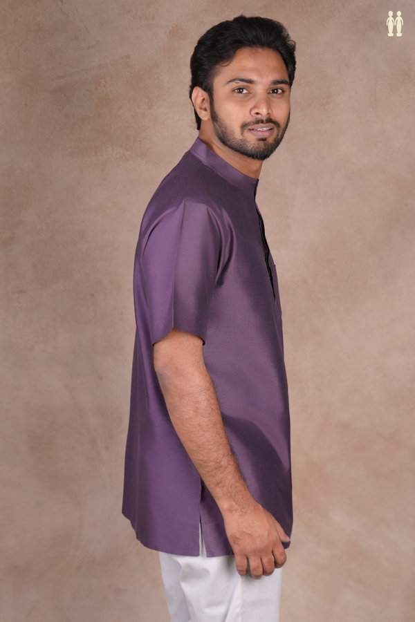 Chinese Collar Plain Purple Raw Silk Short Kurta
