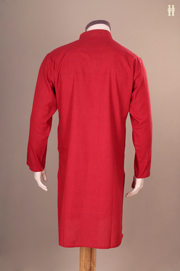 Chinese Collar Plain Red Cotton Long Kurta