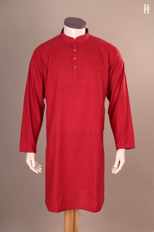 Chinese Collar Plain Red Cotton Long Kurta