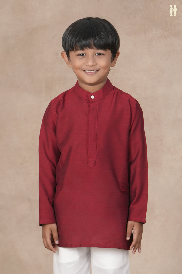 Chinese Collar Plain Red semi Raw Silk Long Kurta