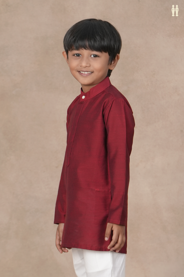 Chinese Collar Plain Red semi Raw Silk Long Kurta