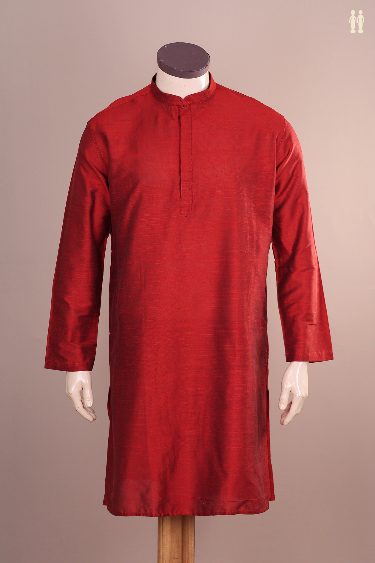 Chinese Collar Plain Red Semi Raw Silk Long Kurta