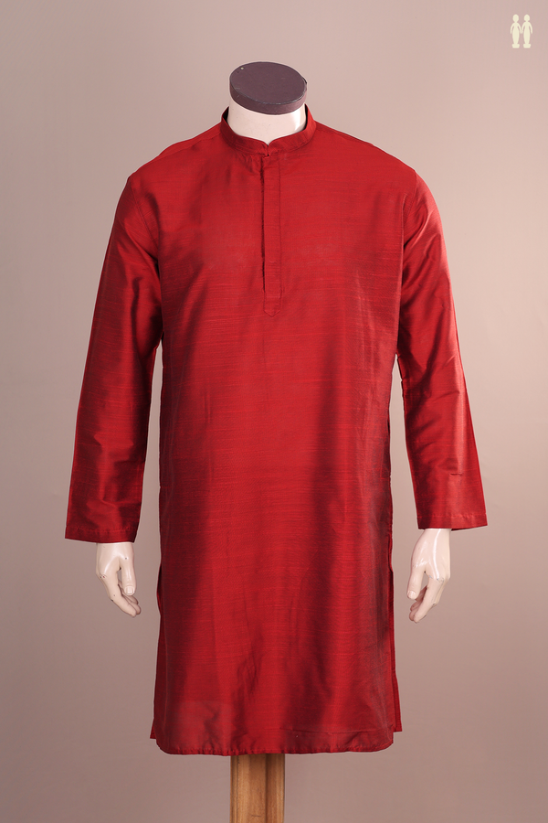 Chinese Collar Plain Red Semi Raw Silk Long Kurta
