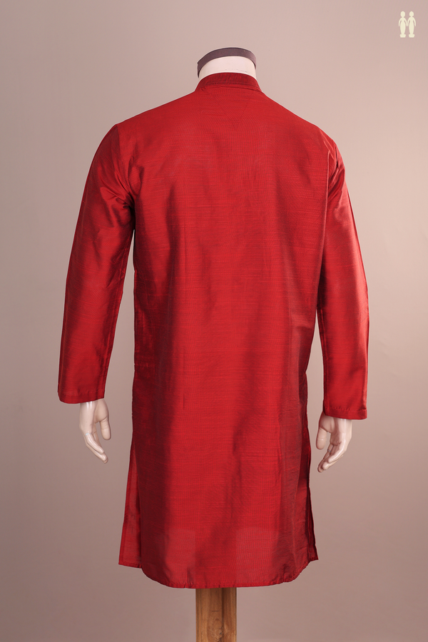 Chinese Collar Plain Red Semi Raw Silk Long Kurta
