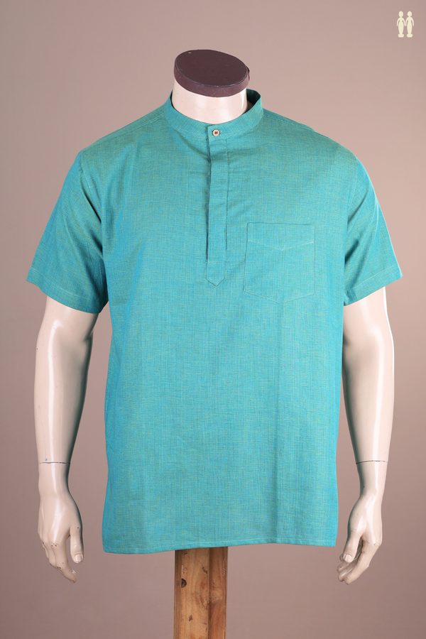 Chinese Collar Plain Sea Green Linen Cotton Short Kurta