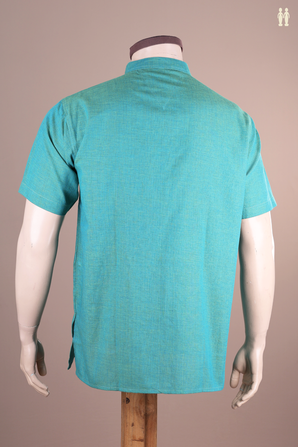 Chinese Collar Plain Sea Green Linen Cotton Short Kurta