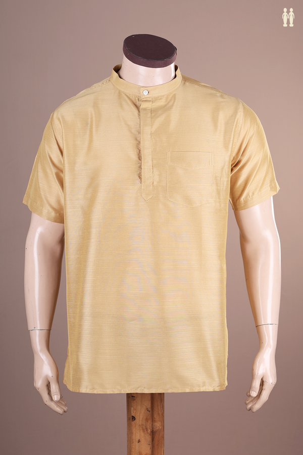 Chinese Collar Plain Tan Brown Semi Raw Silk Short Kurta