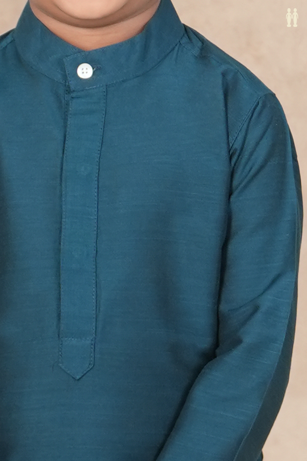 Chinese Collar Plain Teal Blue Raw Silk Long Kurta