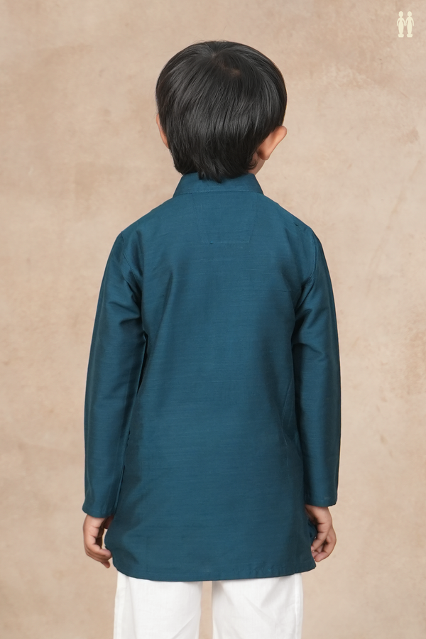 Chinese Collar Plain Teal Blue Raw Silk Long Kurta
