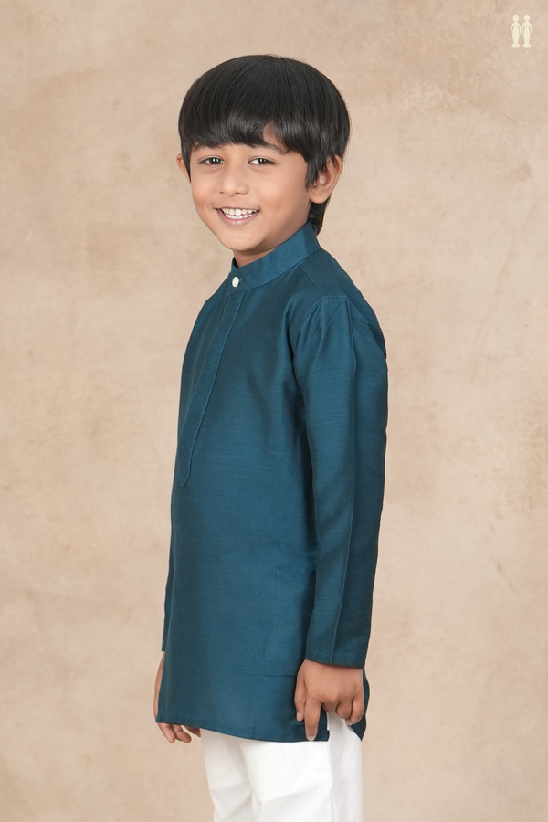 Chinese Collar Plain Teal Blue Raw Silk Long Kurta