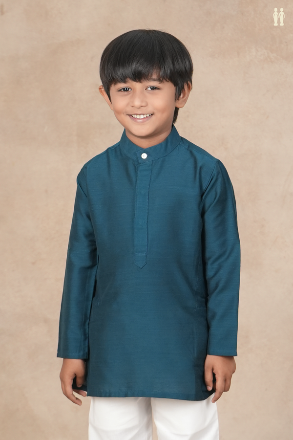 Chinese Collar Plain Teal Blue Raw Silk Long Kurta