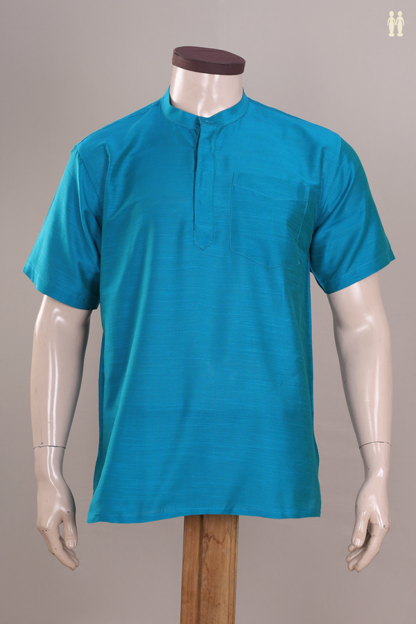 Chinese Collar Plain Teal Blue Raw Silk Short Kurta