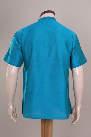 Chinese Collar Plain Teal Blue Raw Silk Short Kurta