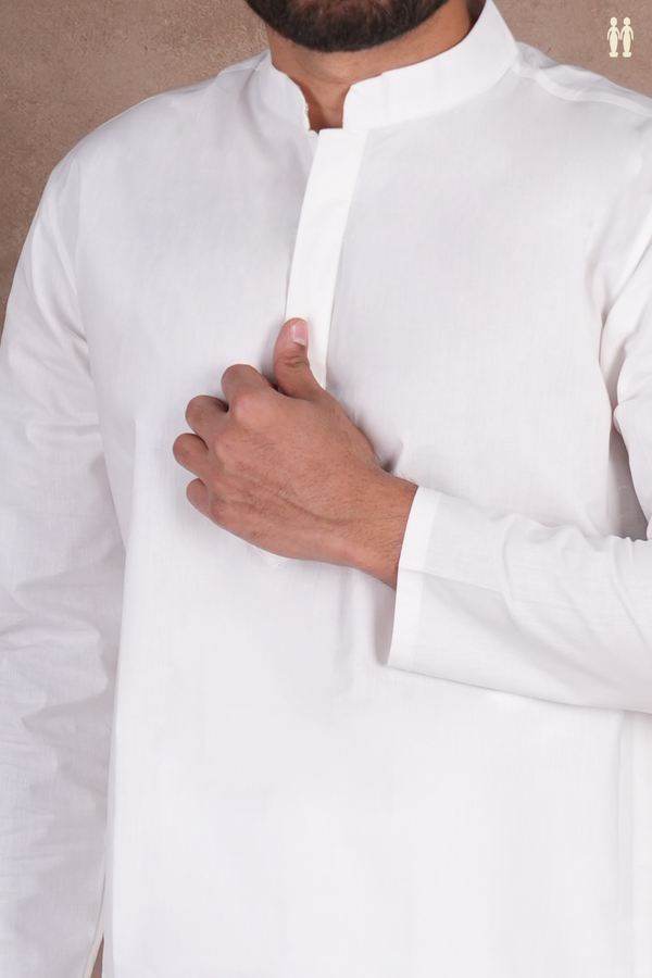 Chinese Collar Plain White Cotton Long Kurta