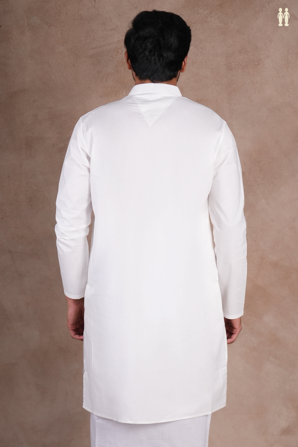Chinese Collar Plain White Cotton Long Kurta