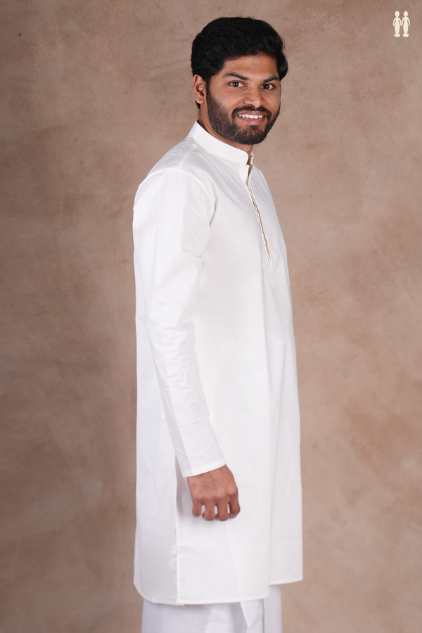 Chinese Collar Plain White Cotton Long Kurta