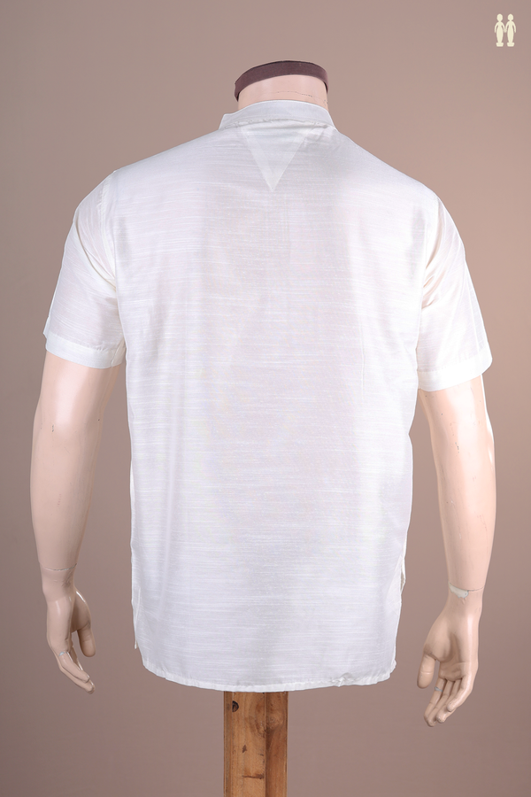 Chinese Collar Plain White Semi Raw Silk Short Kurta
