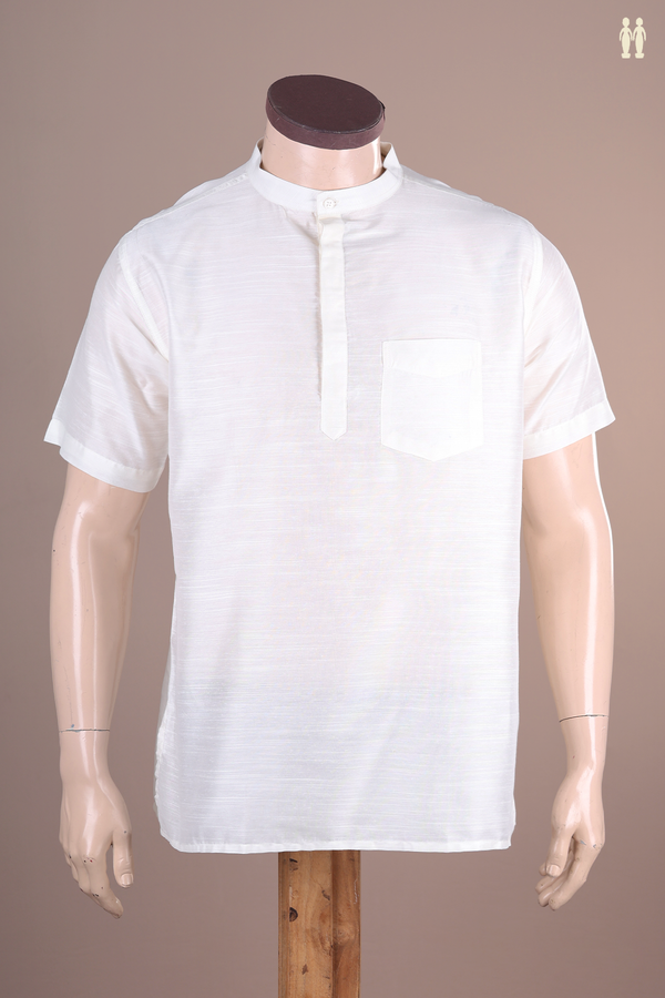 Chinese Collar Plain White Semi Raw Silk Short Kurta