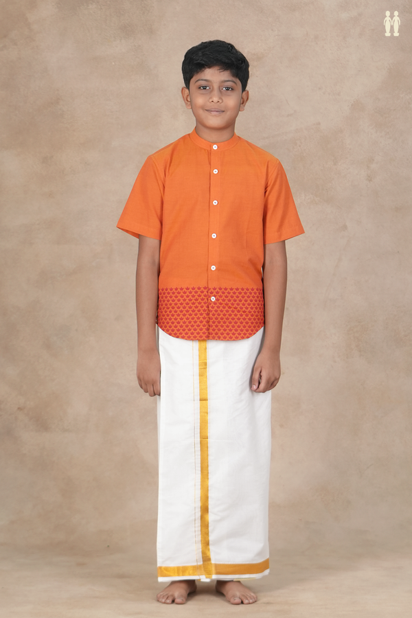 Chinese Collar Printed Deepam Border Orange Cotton Shirt