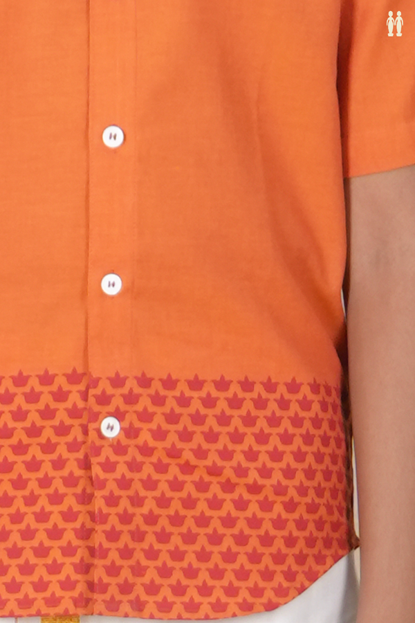 Chinese Collar Printed Deepam Border Orange Cotton Shirt