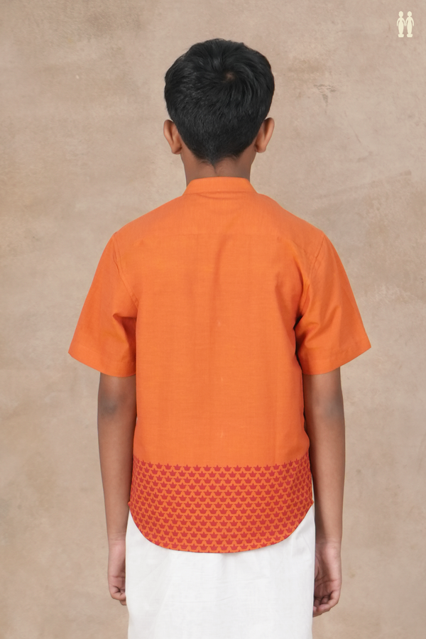 Chinese Collar Printed Deepam Border Orange Cotton Shirt