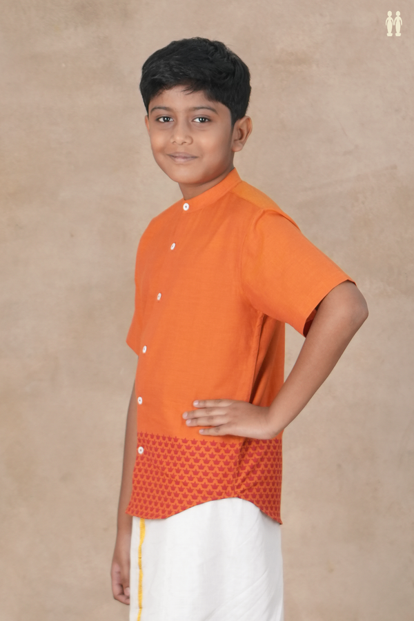 Chinese Collar Printed Deepam Border Orange Cotton Shirt