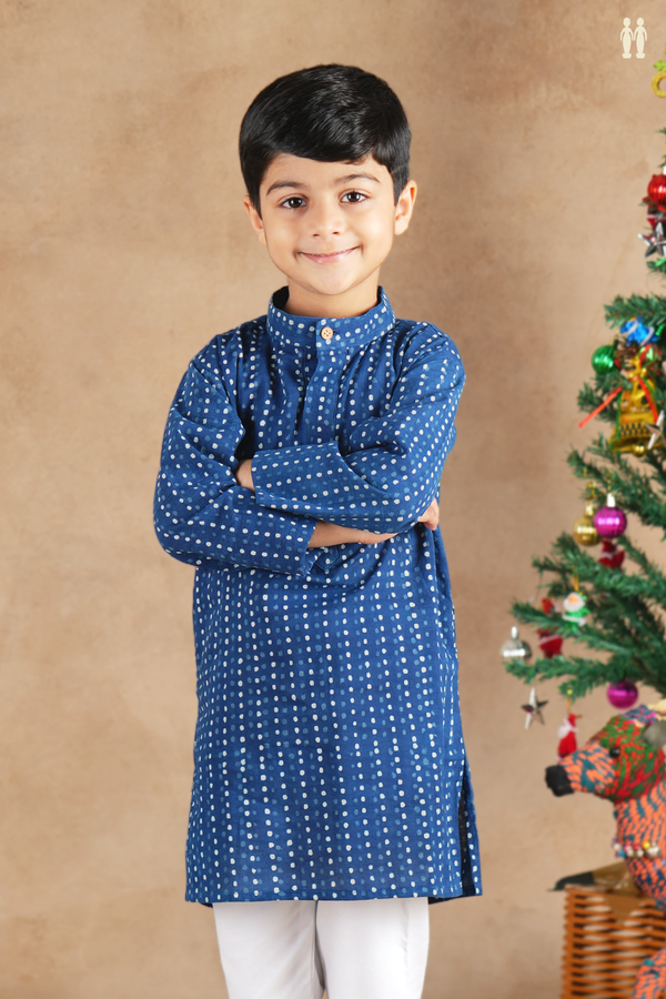 Chinese Collar Printed Buttas Blue Cotton Long Kurta