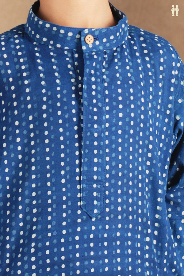 Chinese Collar Printed Buttas Blue Cotton Long Kurta