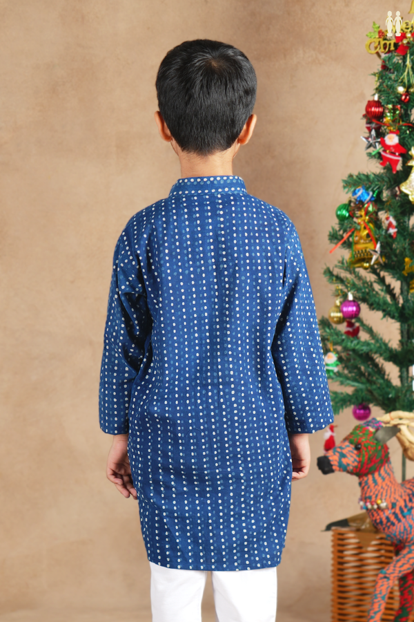 Chinese Collar Printed Buttas Blue Cotton Long Kurta