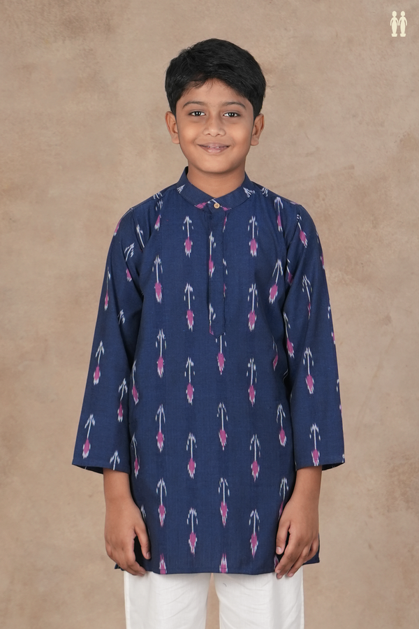 Chinese Collar Printed Buttas Navy Blue Ikat Cotton Long Kurta