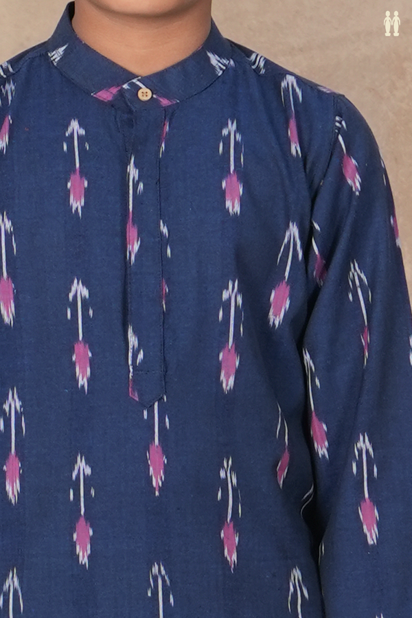 Chinese Collar Printed Buttas Navy Blue Ikat Cotton Long Kurta