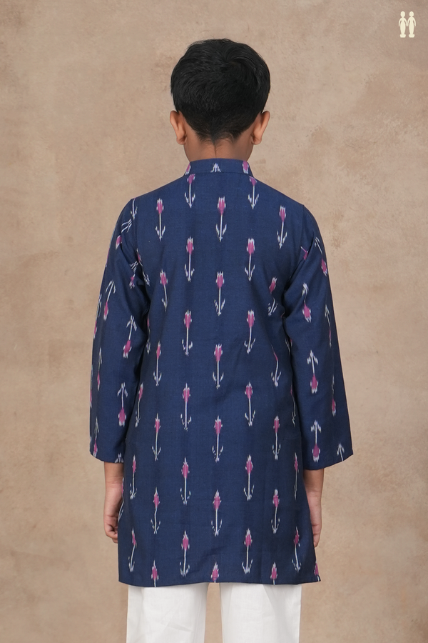 Chinese Collar Printed Buttas Navy Blue Ikat Cotton Long Kurta