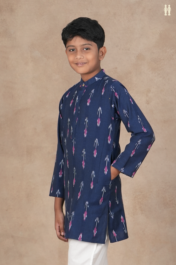 Chinese Collar Printed Buttas Navy Blue Ikat Cotton Long Kurta