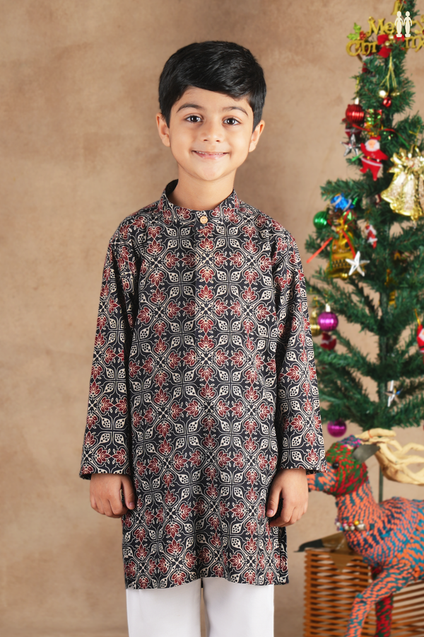 Chinese Collar Printed Design Black Cotton Long Kurta