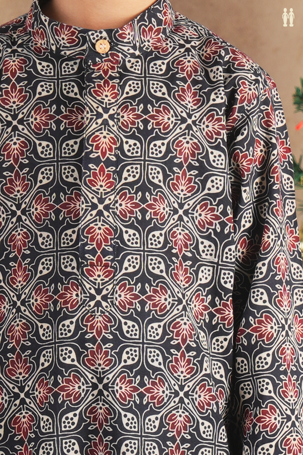 Chinese Collar Printed Design Black Cotton Long Kurta