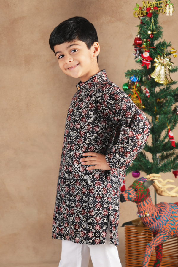 Chinese Collar Printed Design Black Cotton Long Kurta