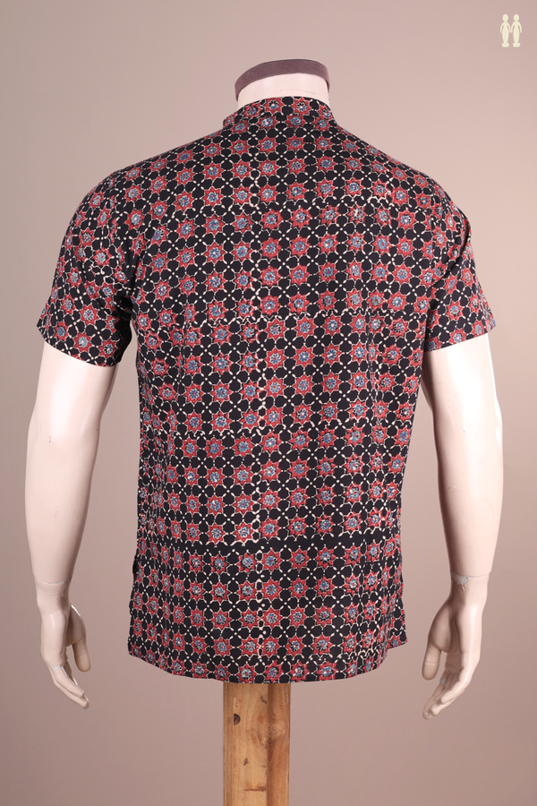 Chinese Collar Printed Design Black Cotton Short Kurta