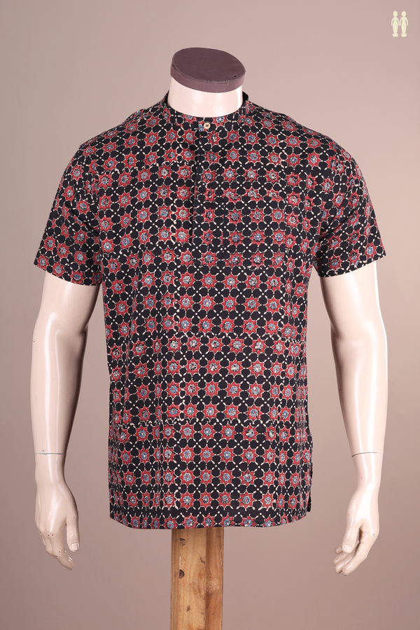 Chinese Collar Printed Design Black Cotton Short Kurta