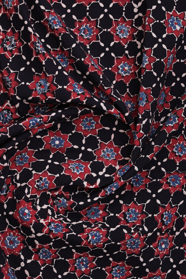 Chinese Collar Printed Design Black Cotton Short Kurta