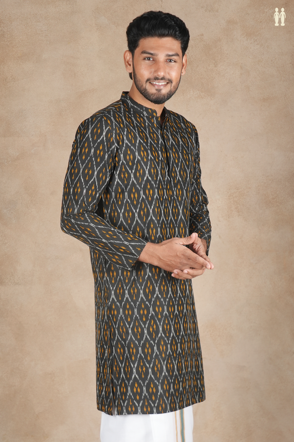 Chinese Collar Printed Design Black Ikat Cotton Long Kurta