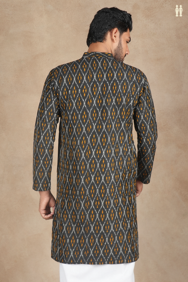 Chinese Collar Printed Design Black Ikat Cotton Long Kurta