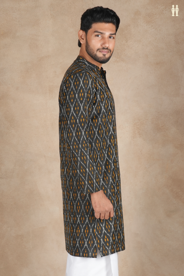 Chinese Collar Printed Design Black Ikat Cotton Long Kurta