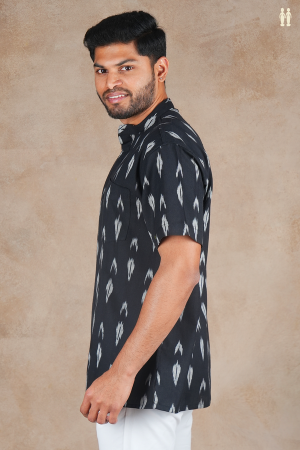 Chinese Collar Printed Design Black Ikat Cotton Short Kurta