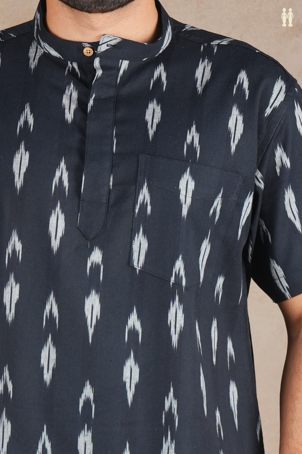 Chinese Collar Printed Design Black Ikat Cotton Short Kurta