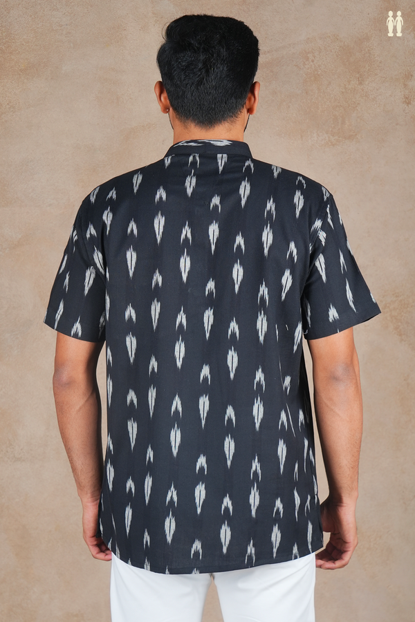 Chinese Collar Printed Design Black Ikat Cotton Short Kurta