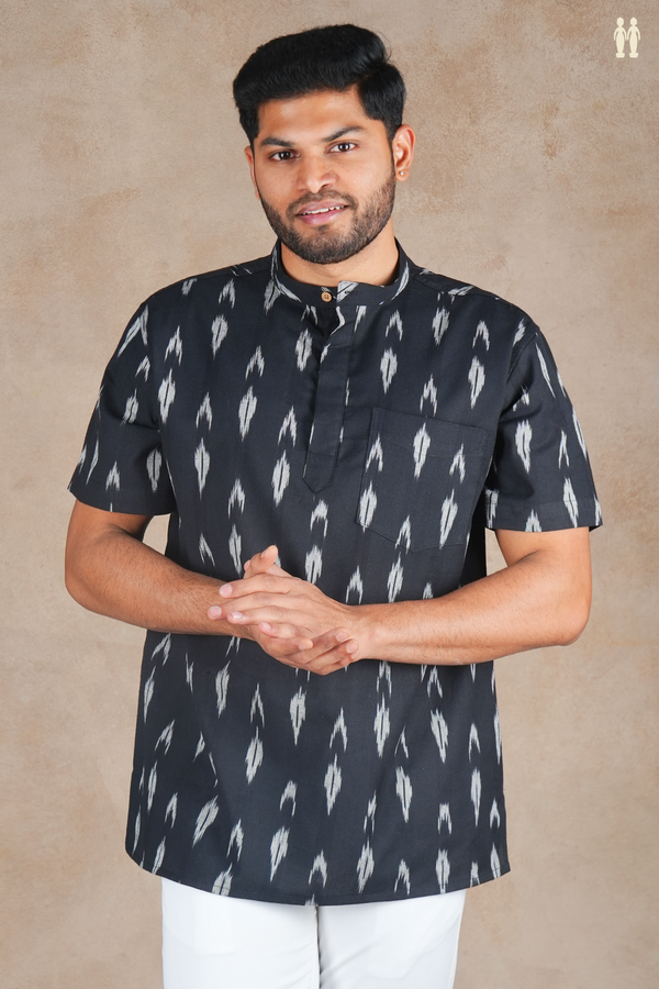 Chinese Collar Printed Design Black Ikat Cotton Short Kurta