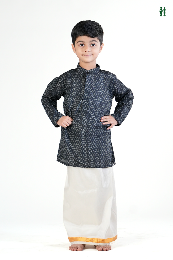 Chinese Collar Printed Design Black Silk Long Kurta