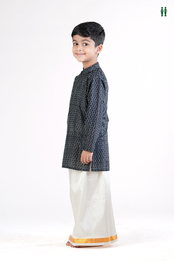 Chinese Collar Printed Design Black Silk Long Kurta